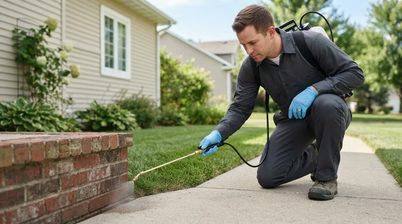 Pest control technician treating a home near Vinton, LA